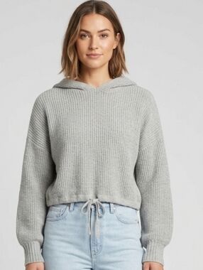 American Eagle Outfitters Grey Knit Hooded Cropped Sweater Size Medium